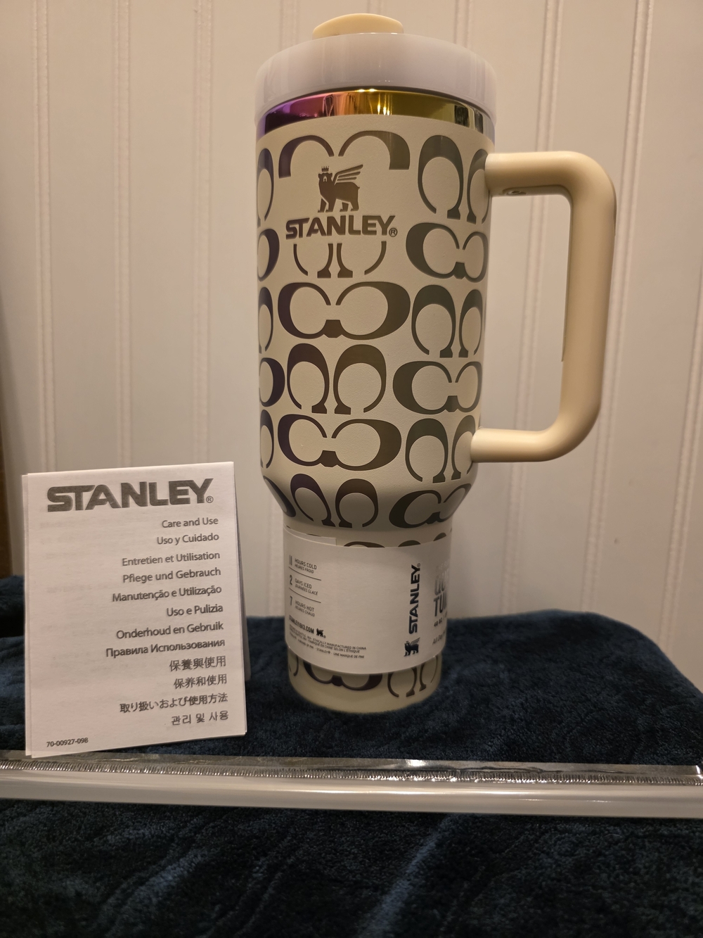 Stanley Cream and Gold Patterned Travel Mug with Handle